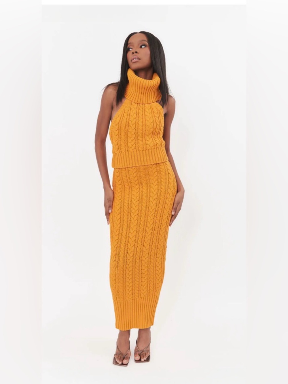 Cable Knit Turtleneck Maxi Skirt in Mustard Yellow